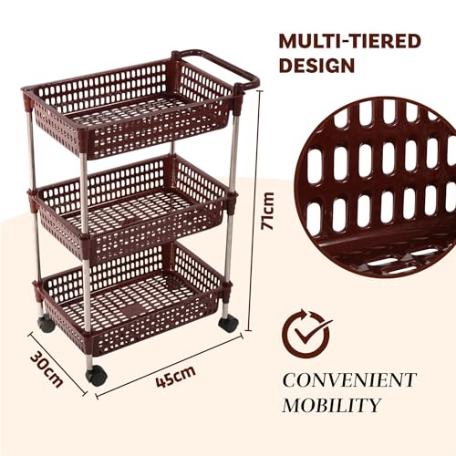 Image of Kuber Industries Storage Rack with Wheels | 3-Layer Storage Organizer Rack | Multipurpose Storage Trolley Rack for Kitchen-Home-office | Revolving Vegetable Storage Trolley | Brown