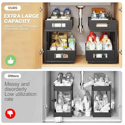 Image of Under Sink Organizer, 2-Tier Dual Pull Out Cabinet Organizer Drawers With Smooth Circular Rail, Large Capacity Metal Mesh Sliding Shelves For Bathroom& Kitchen Storage,Height Adjustable-Black,1 Pack