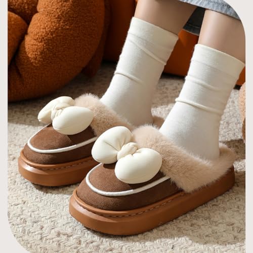 Women Bow Slipper for Fall Winter Thick Sole Indoor Cute Fuzzy Footwear Soft Warm Comfy Furry Outdoor Slippers3