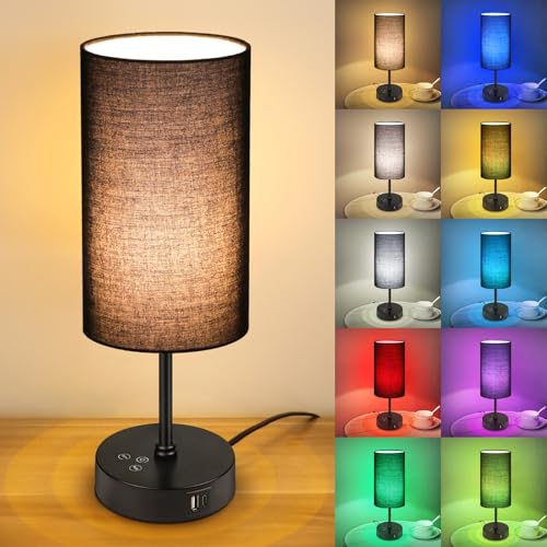 Unicozin Table Lamp for Bedroom 3 Color Temperatures 7 RGB Colors Adjustable Brightness Dual USB Charging Ports Ambience Nightstand Light with Black Shade Desk Lamp for Kids Reading Home Office