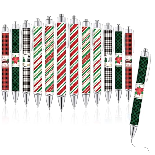 12 Pcs Christmas Pens Snowman Snowflake Santa Christmas Retractable Pen Writing Ballpoint Pens Novelty Signature Pen Xmas Party Festive Favor Gift for School Office Supplies (Christmas Plaid 12)