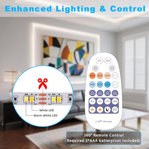 White LED Strip Lights 3000K-6500K 66ft Dimmable, Smart Strip Light Alexa Compatible, 24V WiFi Flexible Tape LED with APP & RF Remote, Cabinet Lighting Self-Adhesive for Room, Kitchen - Image 7