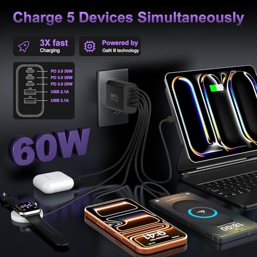 Image of USB C Fast Wall Charger Block, 2Pack 60W USBC Charging Cubes, 5-Port PD+QC Power Adapter Multiport Brick Type C Box Plug for Phone 17 /16 /15 /14 /13 /12 /11 /Pro Max /Plus, Pad Mini /Pro /S25 /S24-Black