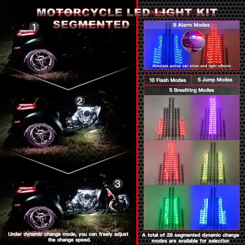 Image of 8PCS Segmented Motorcycle RGB LED Light Kits with APP /RF Remote, Multicolor Underglow Lights with Brake Turn Signal, 12V Waterproof Strip for Sport Bike, Cruiser, Street & Dirt Motorcycle