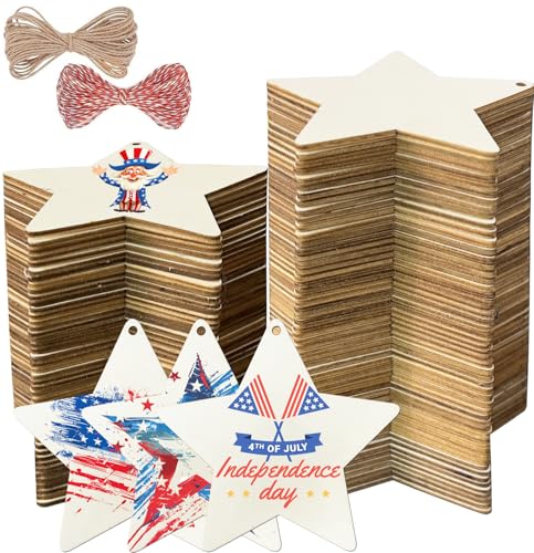 FCECOR 4" 100PCS Wooden Stars for Crafts, Wood Stars for 4th of J...