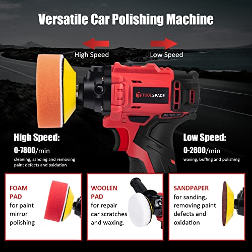Toolspace 46Pcs 12V Cordless Car Polisher Tool Sets 7800Rpm Cordless Drill Variable Speed Polisher And Buffer With 2 X 2.0Ah Li-Ion Batteries, Perfect For Polishing Car/Home Appliance/Ceramic #TOP4