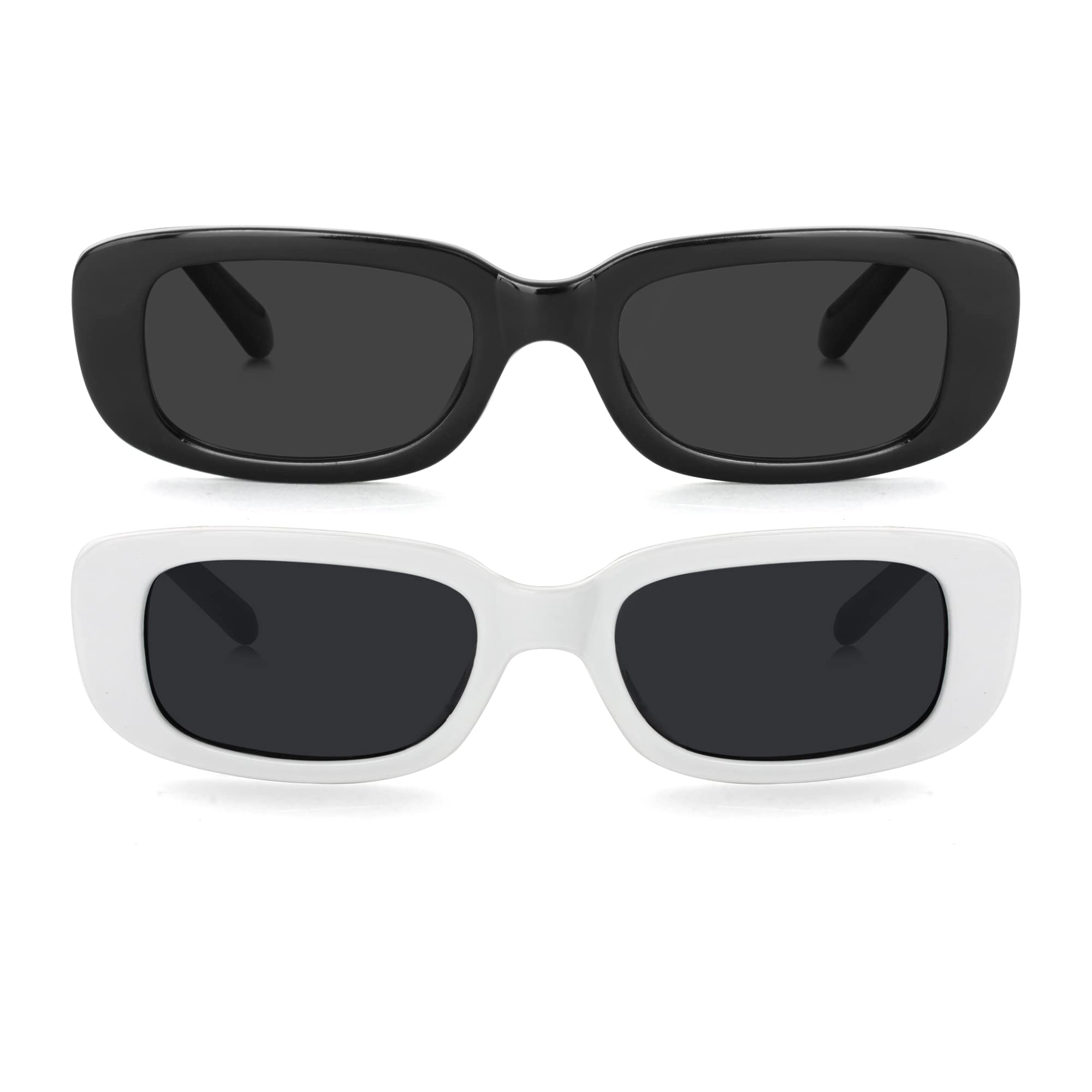 Teumire Retro Rectangle Sunglasses for Women Men Small Square Frame Sun Glasses 2 Pack (Black/Black + White/Black)
