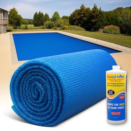 SunHeater Solar Pool Heating Bundle – 18' x 36' Heavy Duty Solar Blanket + Liquid Heat Shield – for In-Ground & Above-Ground Pools – Retain Heat, Reduce Evaporation, Save Water & Chemicals