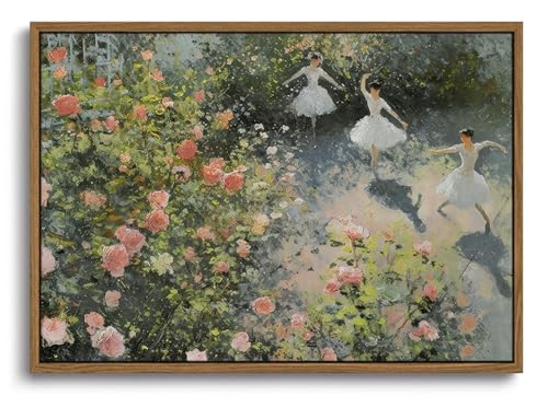 Image of KISSFOX Vintage Framed Wall Art Ballerinas Dancing in Rose Garden Canvas Art Prints Rustic Farmhouse Pictures Wall Decor Cottagecore Summer Aesthetic Paintings Artwork For Dorm Bedroom Apartment