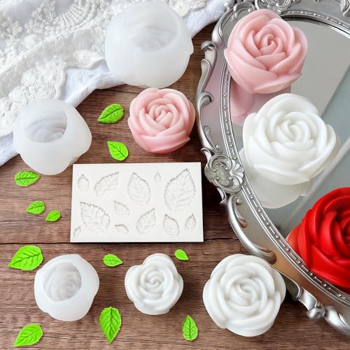 Rose Candle Molds, 4 PCS Rose Silicone Molds Sets of Large, Medium, Small with Leaf Mold for Candle Making, Flower Handmade Wax Soap Making, Epoxy Resin Casting, Home Decorate Gift by QCCTPUU - Image 2