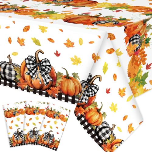 Image of Ganeen 3 Pcs Fall Pumpkin Tablecloth Thanksgiving Orange Pumpkin Maple Leaf Plastic Table Cloth Disposable Buffalo Plaid Table Cover for Fall Autumn Harvest Party Holiday Dining Decor, 108 x 54 Inch