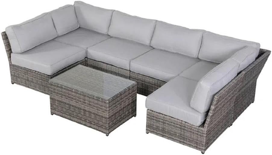 Pemberly Row 7-Piece Wicker Outdoor Sofa Set with Cushions, Gray Finish, UV/Weather/Rust Resistant, Marine Grade Olefin Fabric, Modern Style Patio Furniture for Outdoor Living Space or Backyard Use