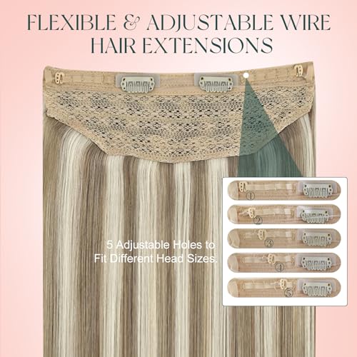 Image of Easyouth Wire Hair Extensions Highlight Invisible Wire Hair Extensions Real Human Hair Highlight Light Brown and Blonde Fish Line Hair Extension Human Hair Long Straight Hair 20 Inch 100g