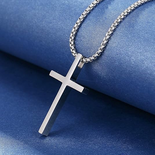 Image of Stainless Steel Cross Pendant Necklace for Men & Women | Silver Christian Cross Locket with Box Chain | Minimalist Religious Jewelry Gift