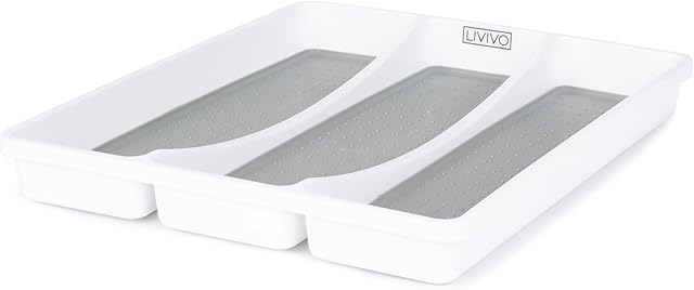 LIVIVO 3 Compartment Cutlery Tray with Grey and White Colouring for Kitchen Forks, Spoons, Knives and Utensils, Makeup, Cosmetics, Garage, Tools, Home and Office, Non Slip Multipurpose Divider