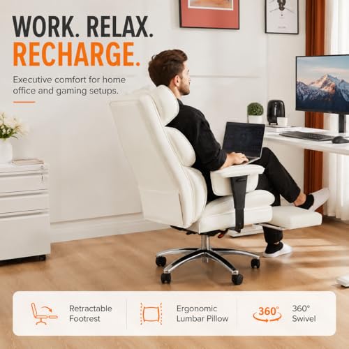 Image of Big and Tall Ergonomic Office Chair with Footrest, Executive High Back PU Leather Desk Chair, Reclining Computer Chair with Adjustable Lumbar Support and Armrests, Swivel Rolling Gaming Chair, Beige