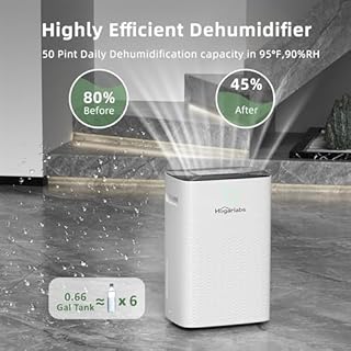 HOGARLABS 50 Pint Smart Dehumidifiers for Home and Basements, with 3 Working Modes, Overflow Protection, and Auto Shut off Restart. Ultra Silent Dehumidifier with Drain Hose and Digital Control Panel.