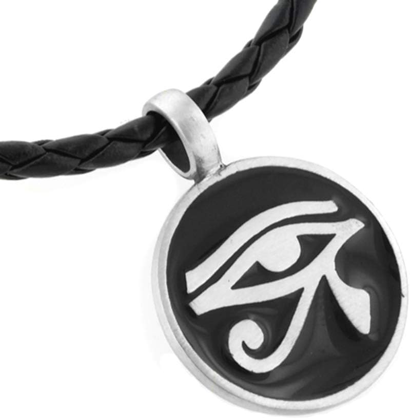 Egyptian Eye of Horus Silver Tone Pewter Amulet Pendant 20" Woven Leather Necklace