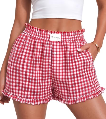 Womens Gingham Ruffle Lounge Shorts Pajamas Boxer Shorts (Red Medium)