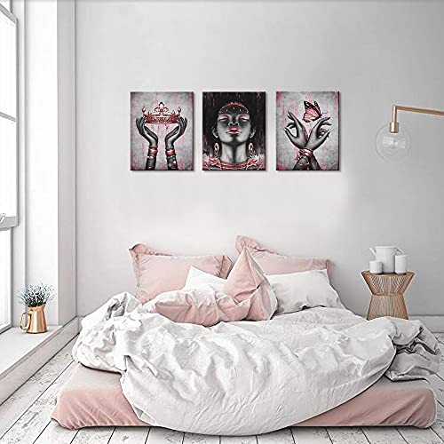 Visual Art Decor African American Canvas Wall Art Black Woman Portrait Fashion Gold Rose Pink Necklace Bracelet Queen Crown Butterfly Painting Giclee Prints Framed Poster For Home Living Room Bedroom Girl Gift Decortion (16X20X3) #TOP1