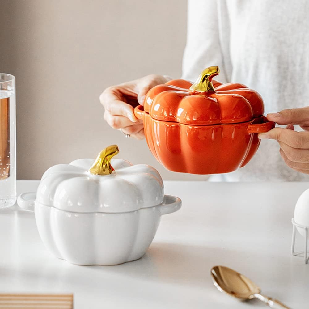 450ml Ceramic Pumpkin Shaped Soup Bowl, Creative Fashion Breakfast Bowl with Lid, Porcelain Bowl for Cereal Soup Rice Dessert Salad