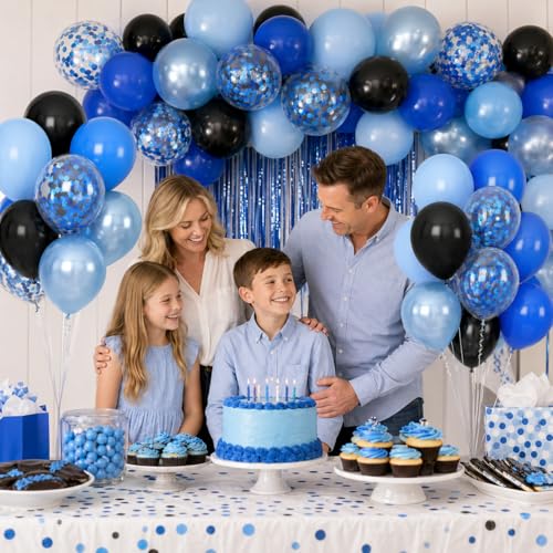 Image of Blue and Black Balloons, 60pcs 12 Inch Dark Royal Pearl Light Blue Black Balloons with Confetti Balloon for Boys Men Birthday Graduation Class of 2026 Video Game Retirement Father's Day Party Decor