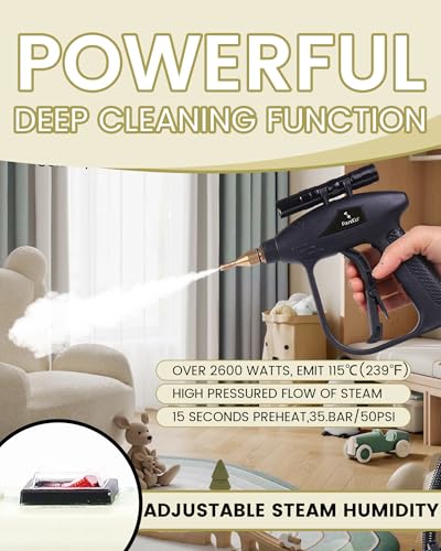 Image of FoundGo 1700W Tankless Handheld Steam Cleaner with 7 Brushes 20s Heating to 239℉ Pressurized Portable Steam Cleaner, Cleaning Home /Kitchen /Car & More-White