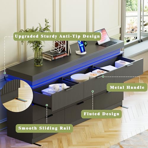 Image of Black Dresser 9 Drawer Dresser with LED Lights and Charging Station, 63 inch Wide Wood Fluted Dresser for Bedroom, Modern Chest of Drawers for Closet Dresser TV Stand for Living Room, Entryway