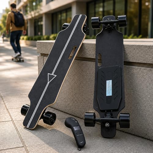 moupeaktain Skateboard Eléctrico Adultos 350W, Longboard Eléctrico con Mando, 4 Modos de Velocidad, Autonomía hasta 15 km, Subida 18%, Tabla de Arce 7 Capas con Asa, Carga 90 kg