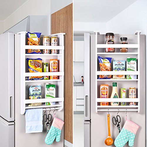 Fridge Side Shelf Refrigerator Spice Storage Rack Wooden Hanging Organizer with Paper Towel Holder, 3 Removable Hooks for Pantry, Cabinet, Kitchen, Narrow Place, White - Thumbnail 3