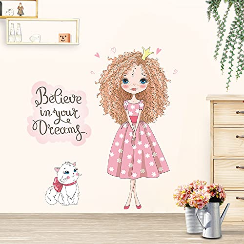 Image of Adorable Girl Cat & Quote Wall Stickers for Kids Room Bedroom Living Room Door Study Boho Nursery Wall Decoration Wall Sticker for Baby Girl Room Bedroom Nursery Playroom Decor-Self-Adhesive
