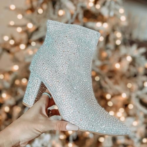 Women Rhinestone Block Chunky Heel Ankle Bootie3