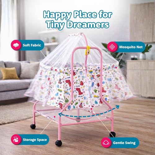 Image of Amazon Brand - Supples Baby Cradle with Swing & Mosquito Net | 0-8 Months | Swing Lock | 4 Wheels with Brake | Soft & Comfortable for Baby Sleep | Sturdy Mild Steel Frame | Pink