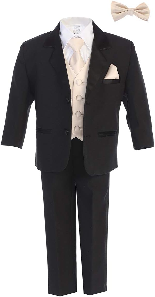 Boys Tuxedo Suit Black with Champagne Vest - Toddler Tuxedo for Wedding and Communion - Modern Fit (Size 3-6 mo)