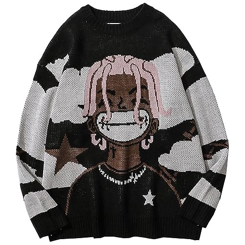 VIKYAN Unisex Anime Rapper Knitted Sweater Oversized Long Sleeve Hip Hop Vintage Pullover Knit Sweater(Black, Large)