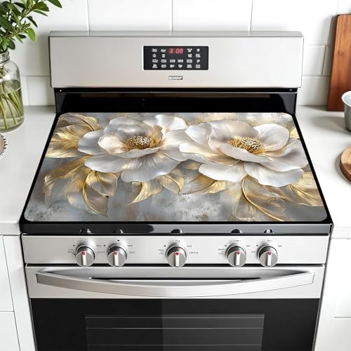 Image of Multi-Design Stove Top Cover for Glass /Electric Stoves - 3-in-1 Heat-Resistant Protector Mat, Non-Slip Drying Rack 28 inchx20 inch (Peony, 28 inch L x 20 inch W)