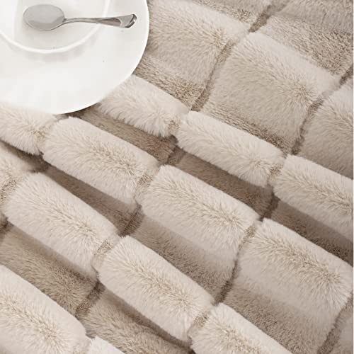 Luxenrelax Striped Luxury Soft Faux Fur Blanket Throw Blanket For Bed, Beige Furry Fluffy Throw Blankets For Couch, Sofa, Anti-Shedding Blanket- (50" X 60", Beige) #TOP1