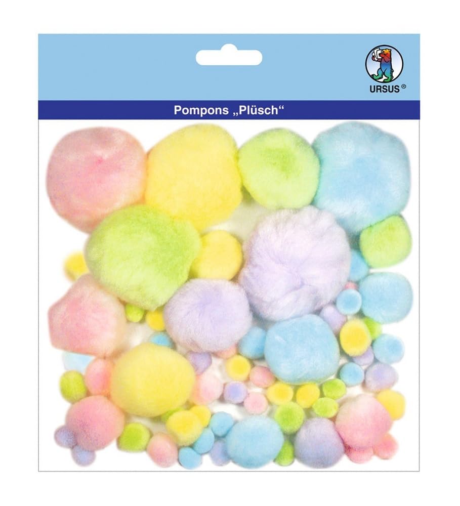 Ursus 39500001 Pompoms, Plush, Pastel/Colourful, Pack of 60, in Various Sizes and Colours, for Making Fun Figures and Other Creative Ideas