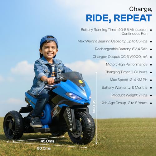 Image of Toyzone Ranger Electric Bike (Blue) | 6V Rechargeable Bike for Kids with 4.5Ah Battery | LED Lights, Music, MP3 /USB /BT | Smooth Acceleration | 6M Battery Warranty | Age 2-8 Years, Up to 35kg