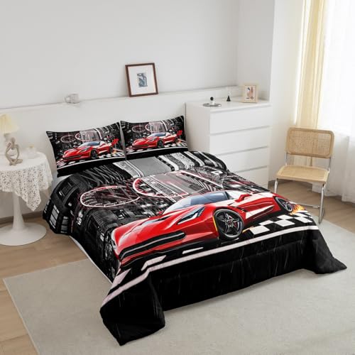 Image of Feelyou Red Race car Comforter Set for Girls Boys Racing Car Comforter Speed Sports Car Bedding Set Room Decor Extreme Sports Duvet Set Automobile Full Size Quilt 3Pcs Boys