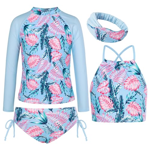 Image of GRACE KARIN Girls Swimsuit Tankini Set Rash Guard Long Sleeve Swimsuit 4 Piece Bathing Suit Swimwear 5-14Y