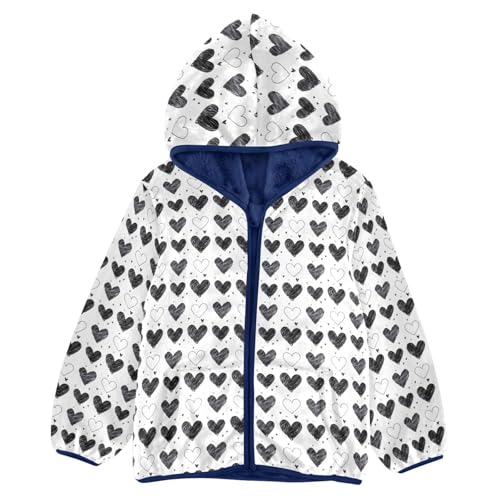 Black White Hearts Boys Fleece Coat,Children's Zip-Up Hoodie Jacket,Baby Warm Fashion Outerwear 3-10T,A113396
