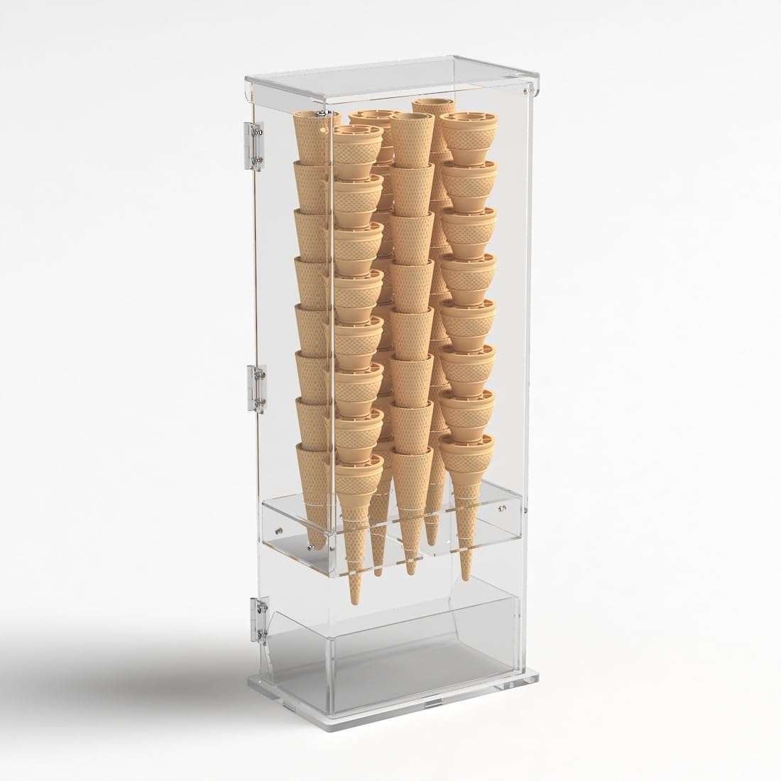 Porta coni gelato in plexiglass trasparente a 6 fori con vaschetta porta cucchiaini e con sportello - Misure: 22 x 13 x H61 cm