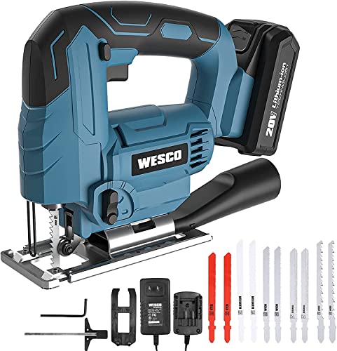 Wesco Jig Saw, 20V Cordless Jigsaw, LED Light, Variable Speed and Pendulum Function, Bevel Cutting, 2.0Ah Battery and Quick Charger, 10pcs T-Shank Blades,Woodworking Cutting Tool