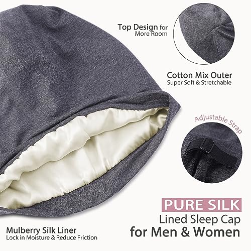 Hat Hut 100% Mulberry Silk Lined Sleep Cap Pure Silk Bonnet for Curly Hair Wrap Bonnet for Sleeping Slouchy Beanie (Grey) - Image 3