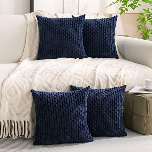 Set of 4 Navy Blue Decorative Throw Pillow Covers 20x20 Inch Corduroy Pillow Covers for Bed Couch Sofa Living Room Soft Square Cushion Cases