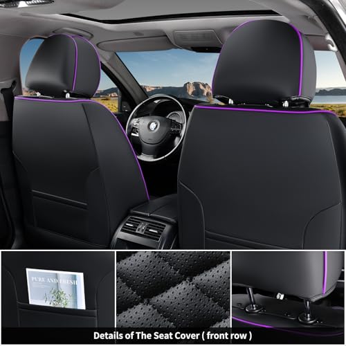 Image of Coverado Car Seat Covers Front Seats, Nappa Leather Black&Purple Car Seat Cover, Automotive Seat Covers, Waterproof Driver Seat Protector, 2 Pack Front Seat Cover Car Seat Cushion Fit for Most Cars