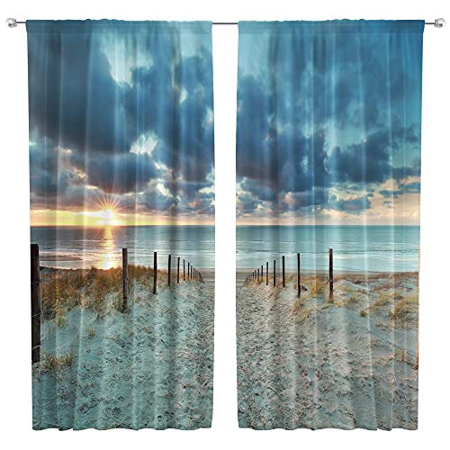 Riyidecor Ocean Beach Scenic Curtains Scenery Landscape Rod Pocket Hawaiian Tropical Sunset Seaside Blue Sky Coastal Living Room Bedroom Window Drapes Treatment Fabric (2 Panels 42 X 63 Inch) Ww-Ihtb #TOP2