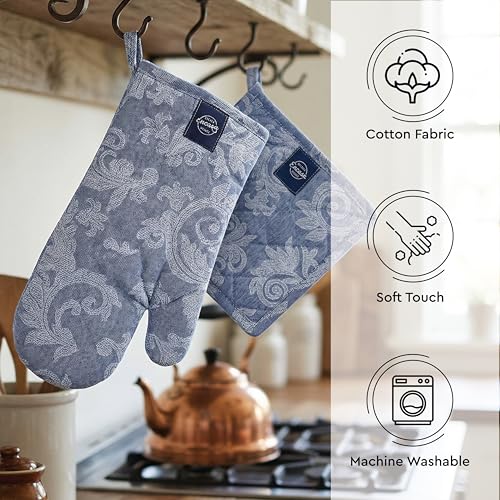 Image of Encasa XO Heat Resistant 100% Cotton Oven Glove & Potholder Set with Loop, Kitchen Cooking Mittens, Microwave Safe Hot Pads (Floral Blue)
