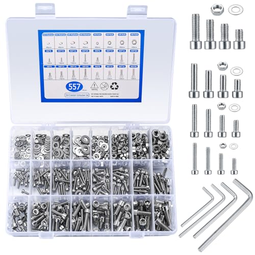 557 Stück Schrauben Muttern und Unterlegscheiben Sortiment Kit, Edelstahl Sechskantschrauben, Innensechskant Schrauben Set, Sechskopf-Knopf Schrauben Muttern mit Schraubenschlüssel